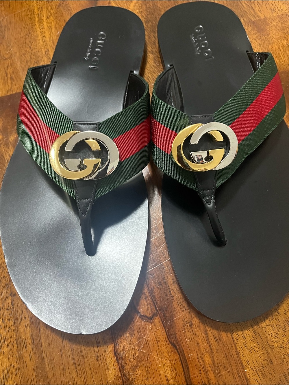 Gucci Men's Black Leather Thong Sandals with Green & Red Web and Gold GG